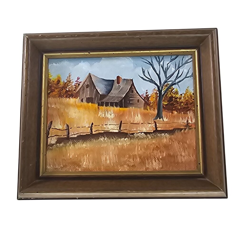 Rustic Farmhouse Landscape Oil Painting In Wooden Frame Autumn Scene Barn Tree